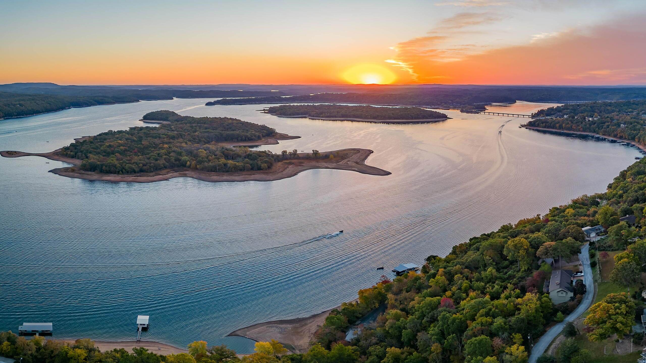 Sunset over the Ozark Mountains lake region